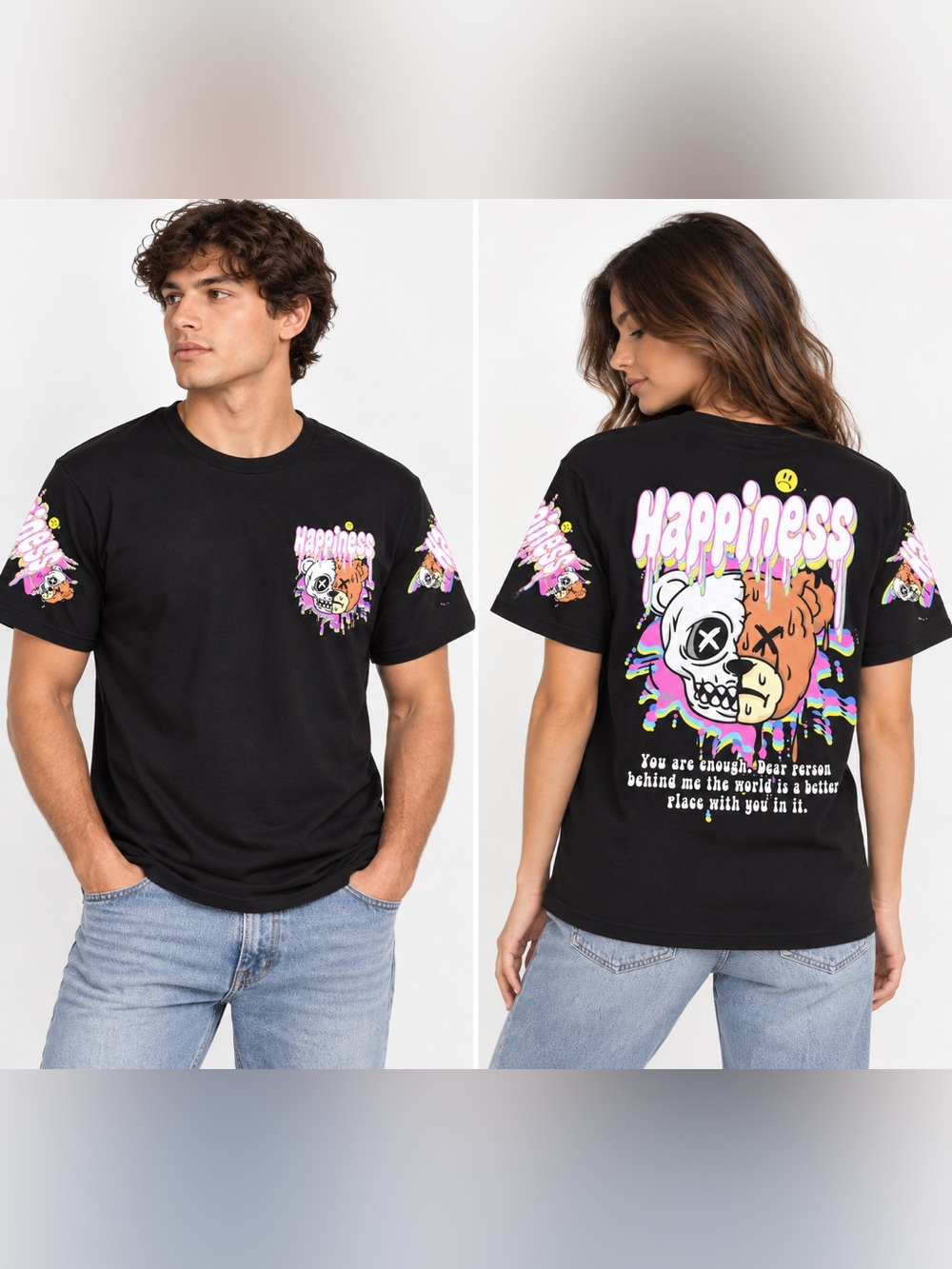 Fresh Laundry “Happiness” Skull Bear Graphic T-Shirt Unisex Y2K – Black – Size M - Picture 1 of 7